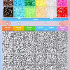 LOTWOW layout of silver rhinestones in 2–6mm sizes showing size selection advantage