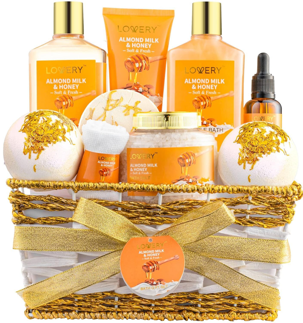 LOVERY gift basket front view showing full 10-piece spa kit and ribbon — perfect gifting