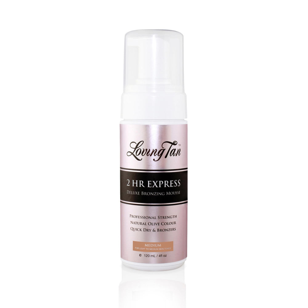Loving Tan front packaging showing medium 4 fl oz bottle and branding benefit quick results
