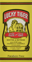 Lucky Tiger front label on 8oz bottle showing classic barbershop look and clear benefits