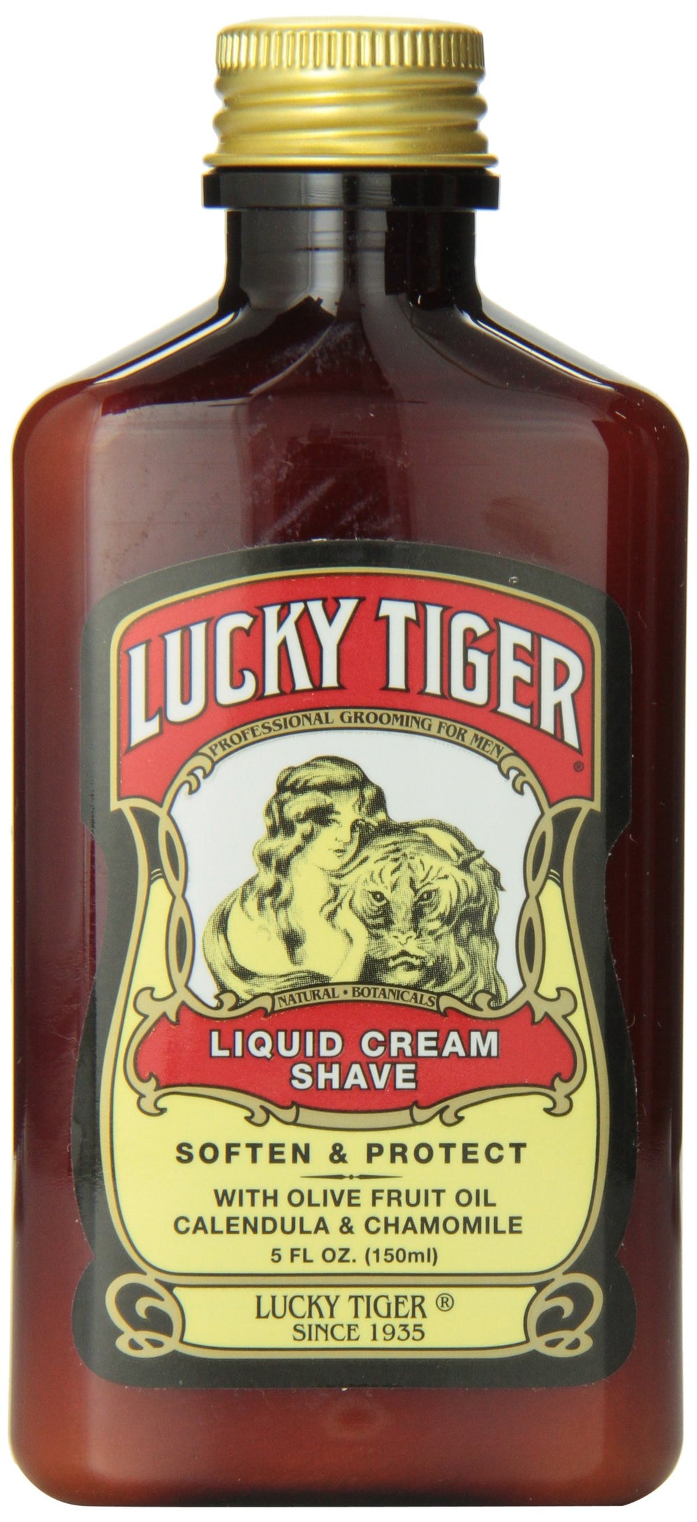 Lucky Tiger front packaging showing classic label and 5 fl oz size, highlighting trusted grooming