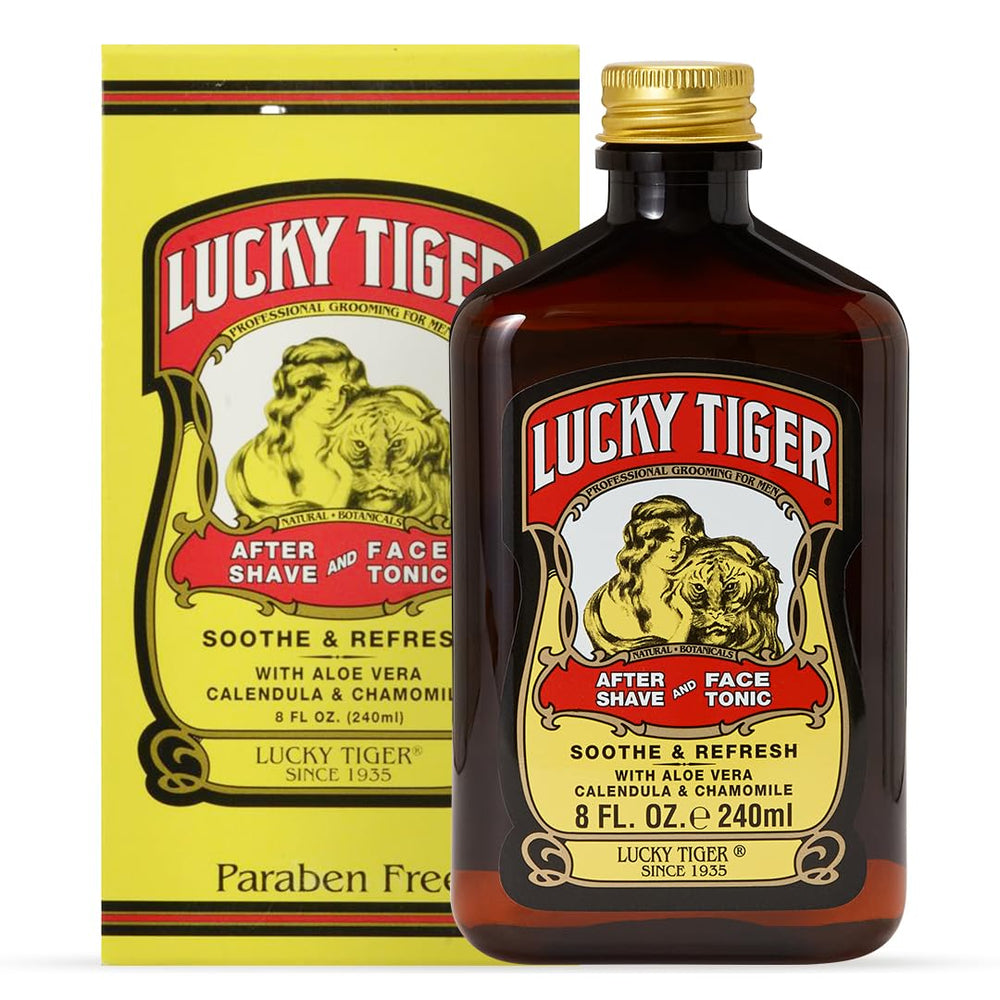 Lucky Tiger front packaging showing bottle and classic barbershop look for groomed appearance