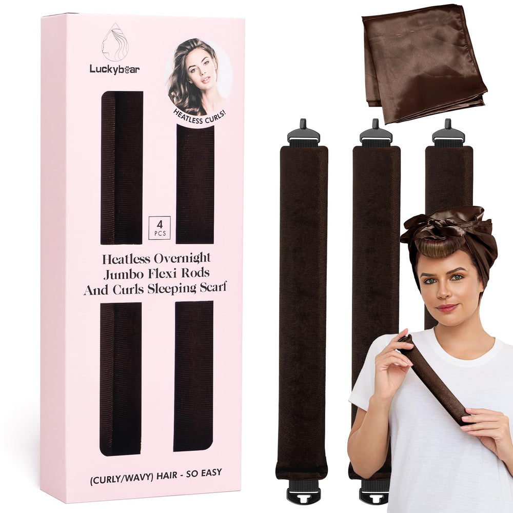 luckybear front packaging showing four jumbo heatless rods and silk scarf for easy styling