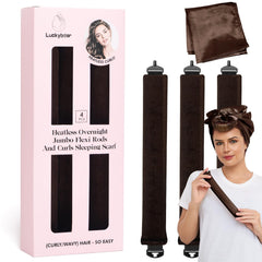 luckybear front packaging showing four jumbo heatless rods and silk scarf for easy styling