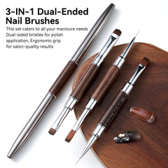 Lucoffeoi brushes laid out displaying all dual ends for versatile nail art techniques