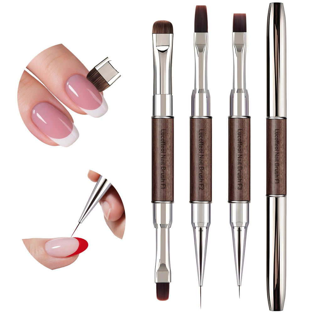 Lucoffeoi front packaging showing three dual-end nail brushes for organized storage and gifting