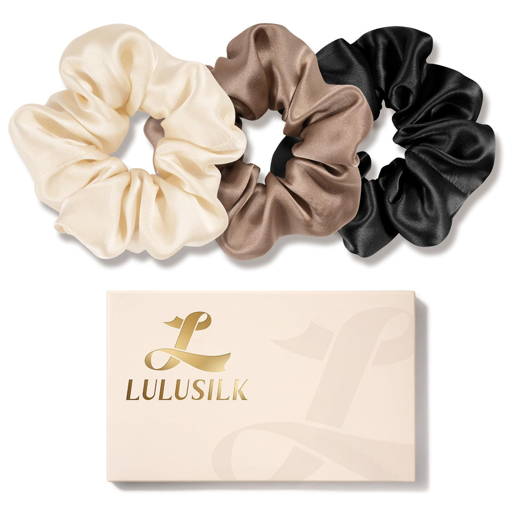 LULUSILK front packaging 3-pack silk scrunchies shows set and colors for easy styling