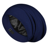LULUSILK navy blue bonnet front view showing neat fit and coverage