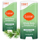 Lume front packaging showing Fresh Alpine 2.2 oz 2-pack and compact travel benefit