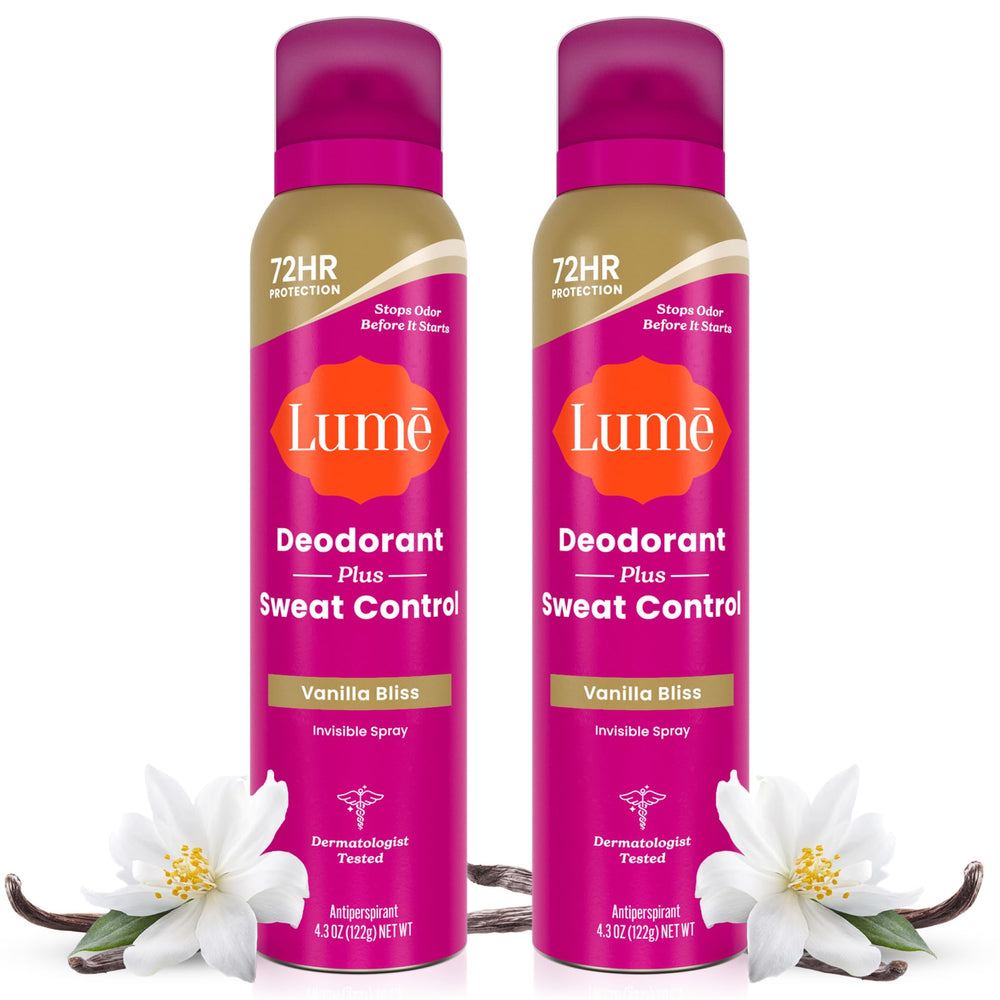 Lume front packaging showing Vanilla Bliss and two-pack convenience benefit