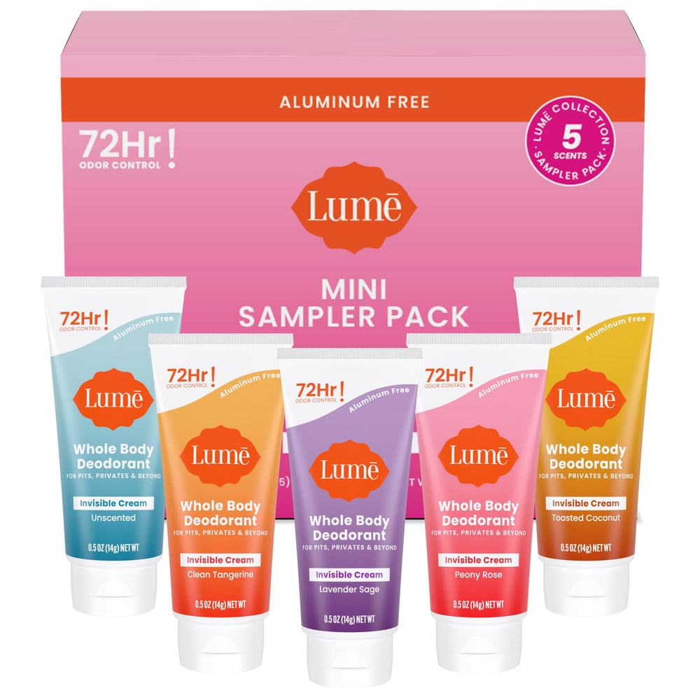 Lume five‑pack front packaging showing all mini cream tubes and scents