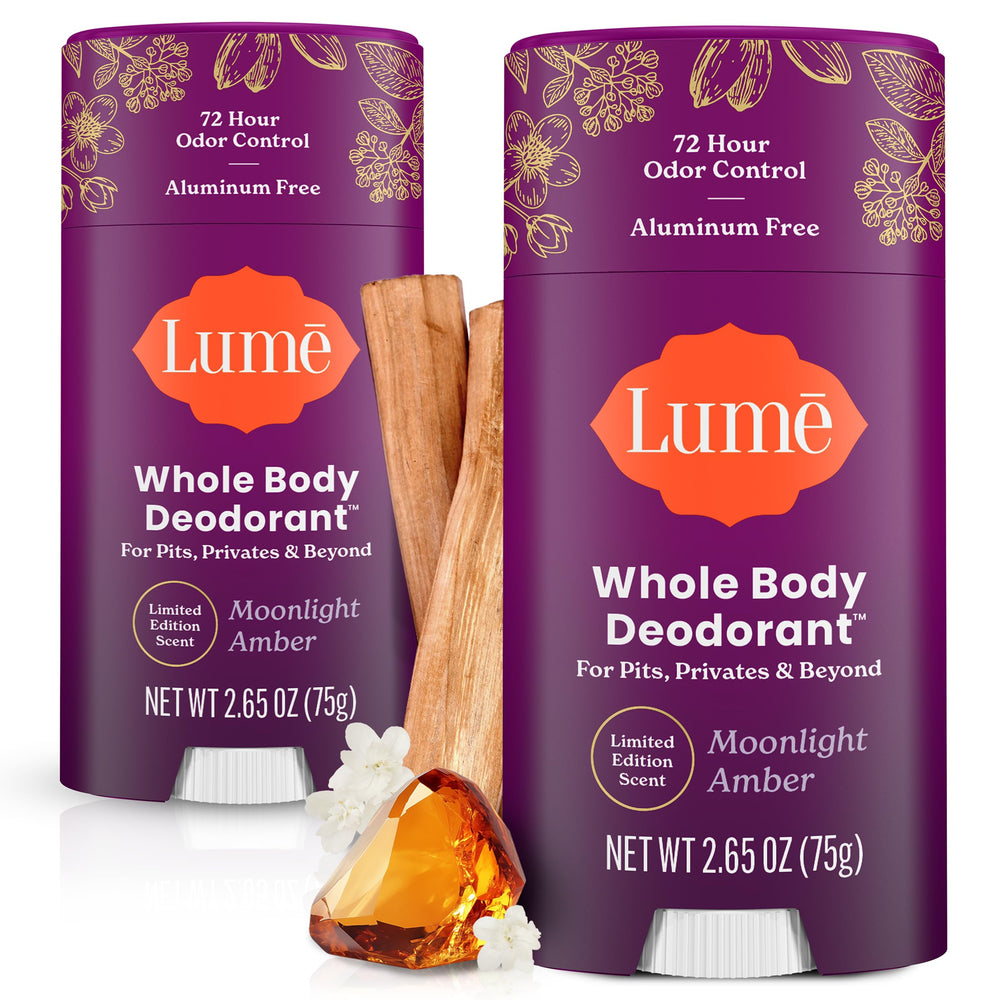 Lume front packaging showing Moonlight Amber two‑pack and quick benefit