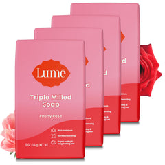 Lume Peony Rose front packaging showing four bars and product name, clear benefit