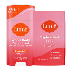 Lume front packaging showing Peony Rose bundle and benefits