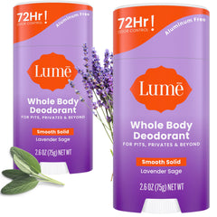 Lume smooth solid front packaging showing product benefits and scent