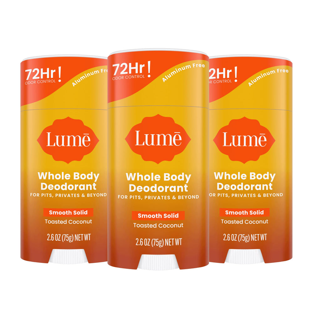 Lume solid stick front packaging showing toasted coconut scent and benefits