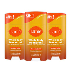 Lume solid stick front packaging showing toasted coconut scent and benefits