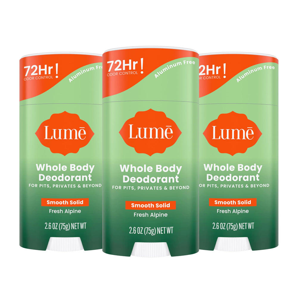 Lume solid stick front packaging showing Fresh Alpine scent and 2.6 oz size, travel-ready benefit