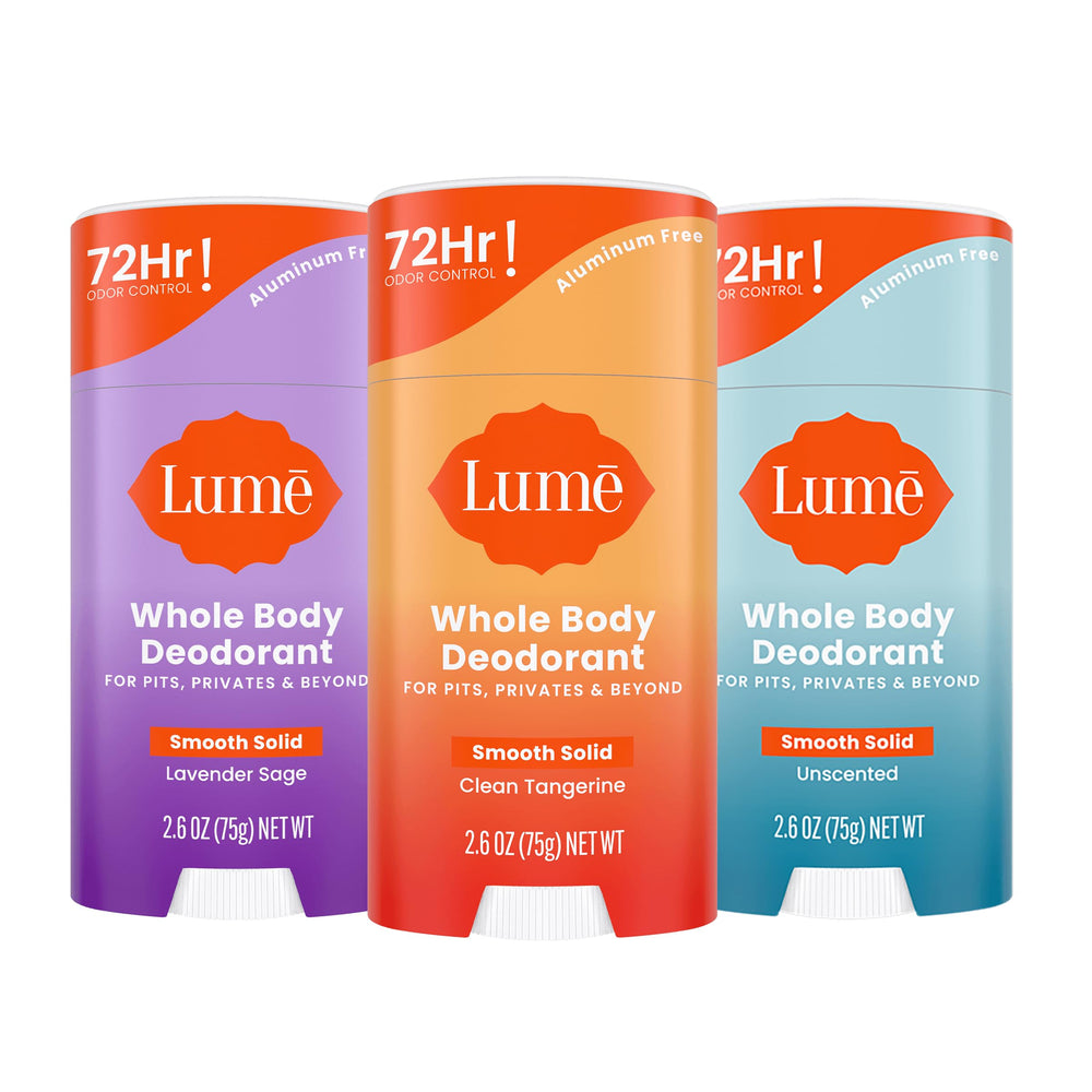 Lume solid stick front packaging showing scent trio and compact size benefit
