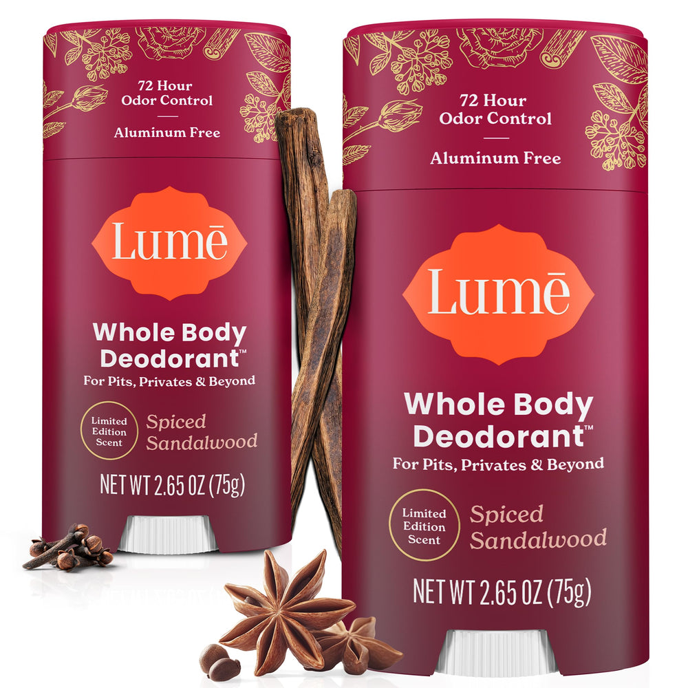 Lume front packaging showing two Spiced Sandalwood sticks, convenient supply