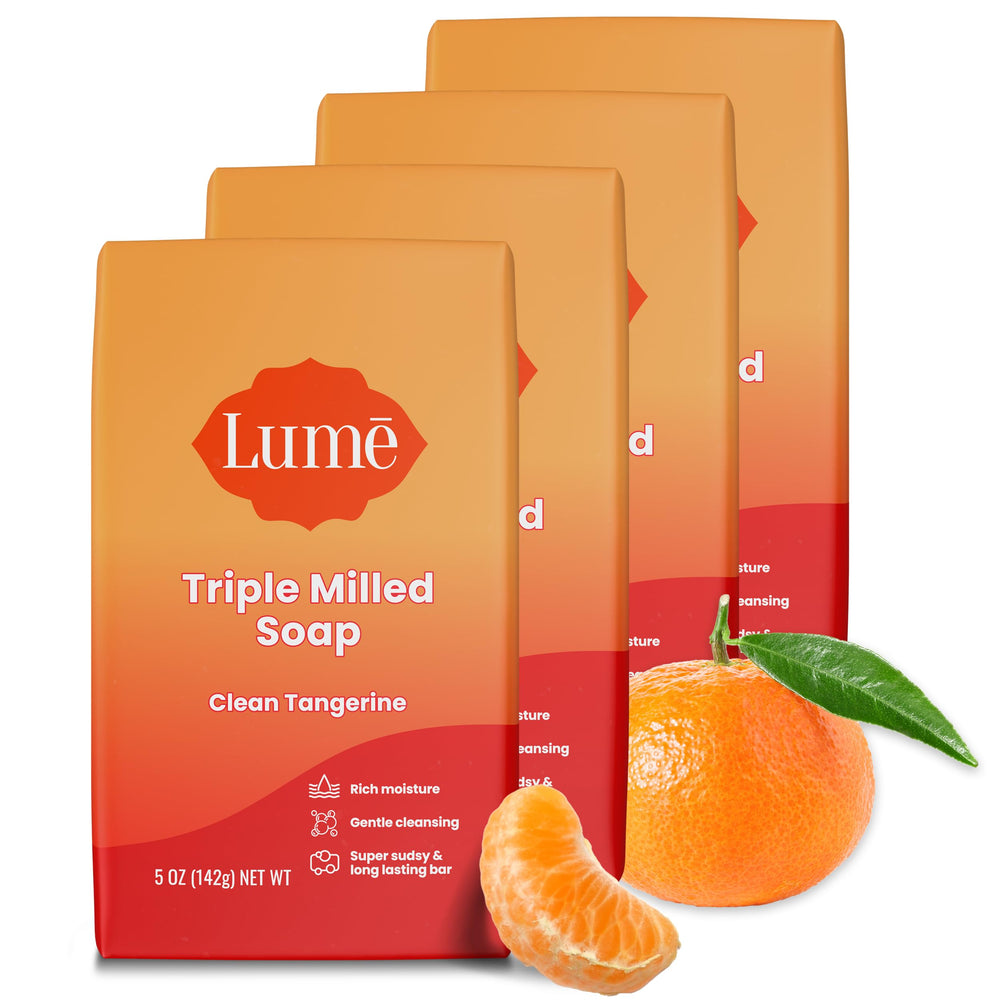 Lume front packaging showing four Clean Tangerine bars and brand benefits