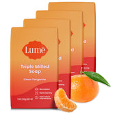 Lume front packaging showing four Clean Tangerine bars and brand benefits