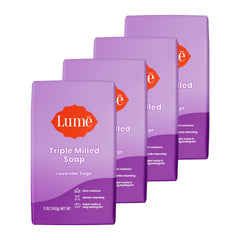 Lume front packaging showing four lavender sage bars and clear branding for quick identification