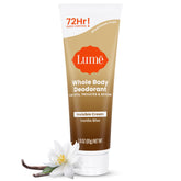 Lume tube front view showing Vanilla Bliss scent and clear finish benefit