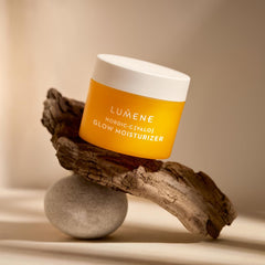 Lumene Nordic-C dispensed amount on fingertip illustrating lightweight feel