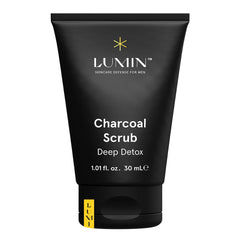Lumin charcoal scrub front view showing 30ml tube and branding benefits
