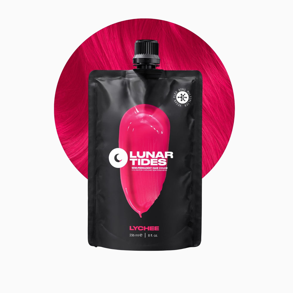 Lunar Tides front bottle image showing Lychee shade and 8 oz size benefits