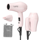 LURA travel hair dryer front view showing controls and compact design benefit portability