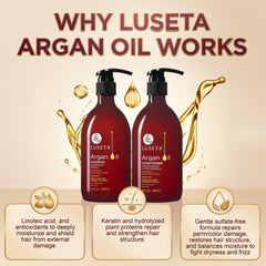 Luseta close-up of bottle label highlighting argan oil and ingredients