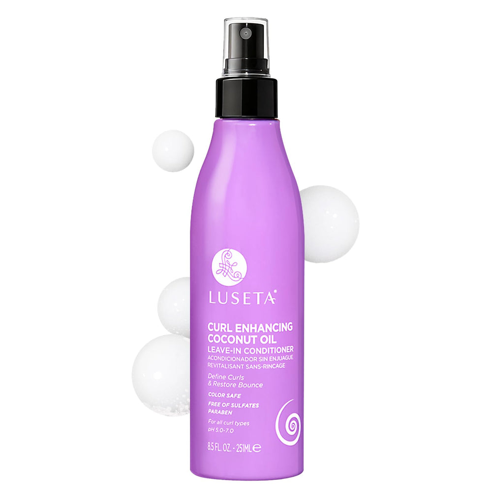 Luseta front packaging shows bottle and benefits for defined curls