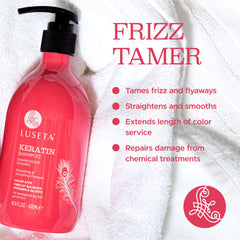 Luseta label close-up highlighting keratin formula and clear benefits