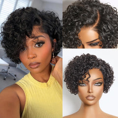 LUVME front view of wig packaging showing ready-to-wear curly pixie benefit