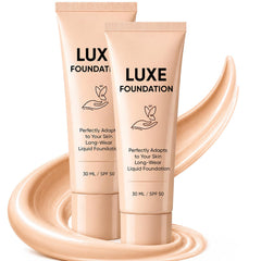 LUXE FOUNDATION front bottle showing 30ml packaging and refined label, highlights portability