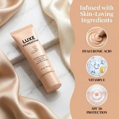 LUXE FOUNDATION with hyaluronic acid visual emphasizing moisture-supporting ingredient benefits
