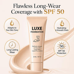 LUXE FOUNDATION texture drop on fingertip showing hydrating consistency and easy blending benefit
