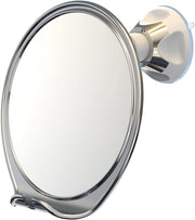 Luxo chrome shower mirror front view showing sleek design and clear reflection benefit