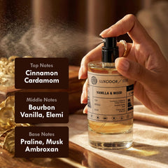 Luxodor bottle on wooden surface lifestyle image conveying warm notes