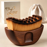 LUXR face brush front view showing elegant design and soft bristles benefit: refined daily ritual