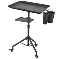 LWADALN front view of rolling tray cart shows stable tri-base and aluminum top for durable workspace