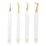 M brand packaging showing the white tweezers set and included tools for professional use