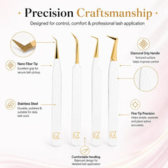 M brand four-piece tweezers set laid out to show different shapes and uses