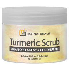 M3 Naturals open jar revealing golden turmeric scrub that signals nourishing, exfoliating benefits