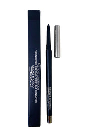 MAC gel pencil front view showing sleek black barrel and cap, clear brand detail and precision