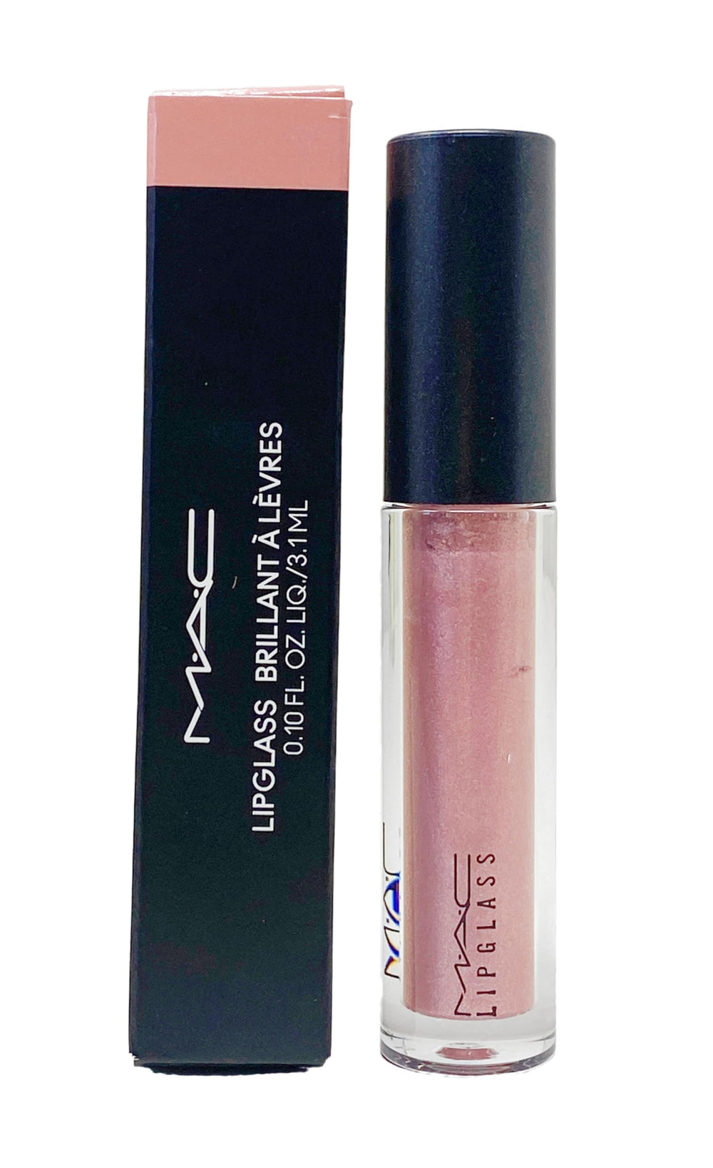 MAC Lipglass front packaging showing glossy pink gold glitter and brand