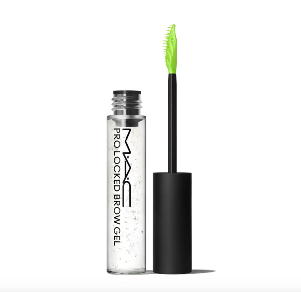 MAC Pro Locked Brow Gel clear tube front view showing compact packaging and brand
