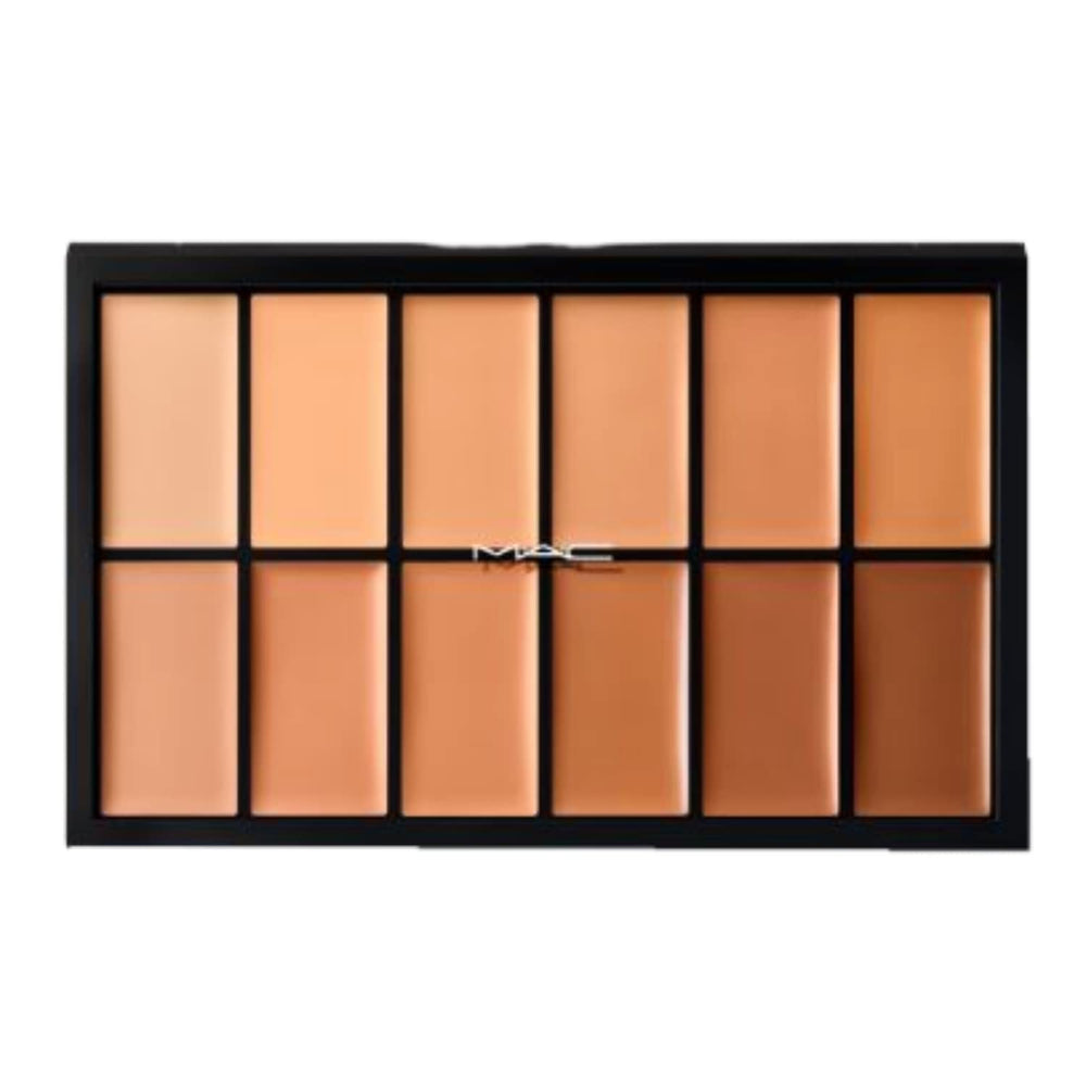 MAC pro palette front packaging showing twelve full coverage pans and compact case, professional convenience